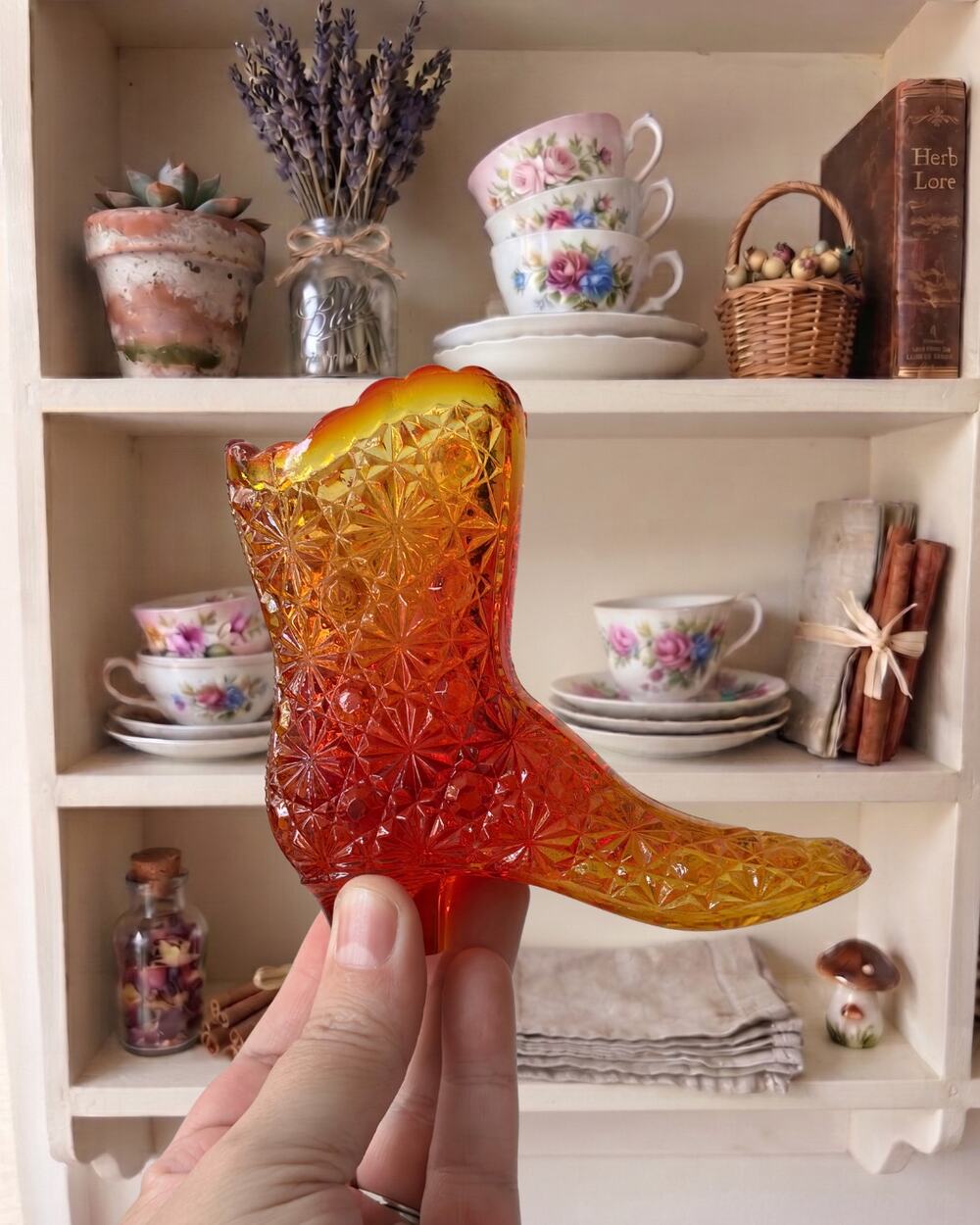 Vintage Fenton Amberina Glass Cowboy Boot Daisy & Button Pattern Orange Glass